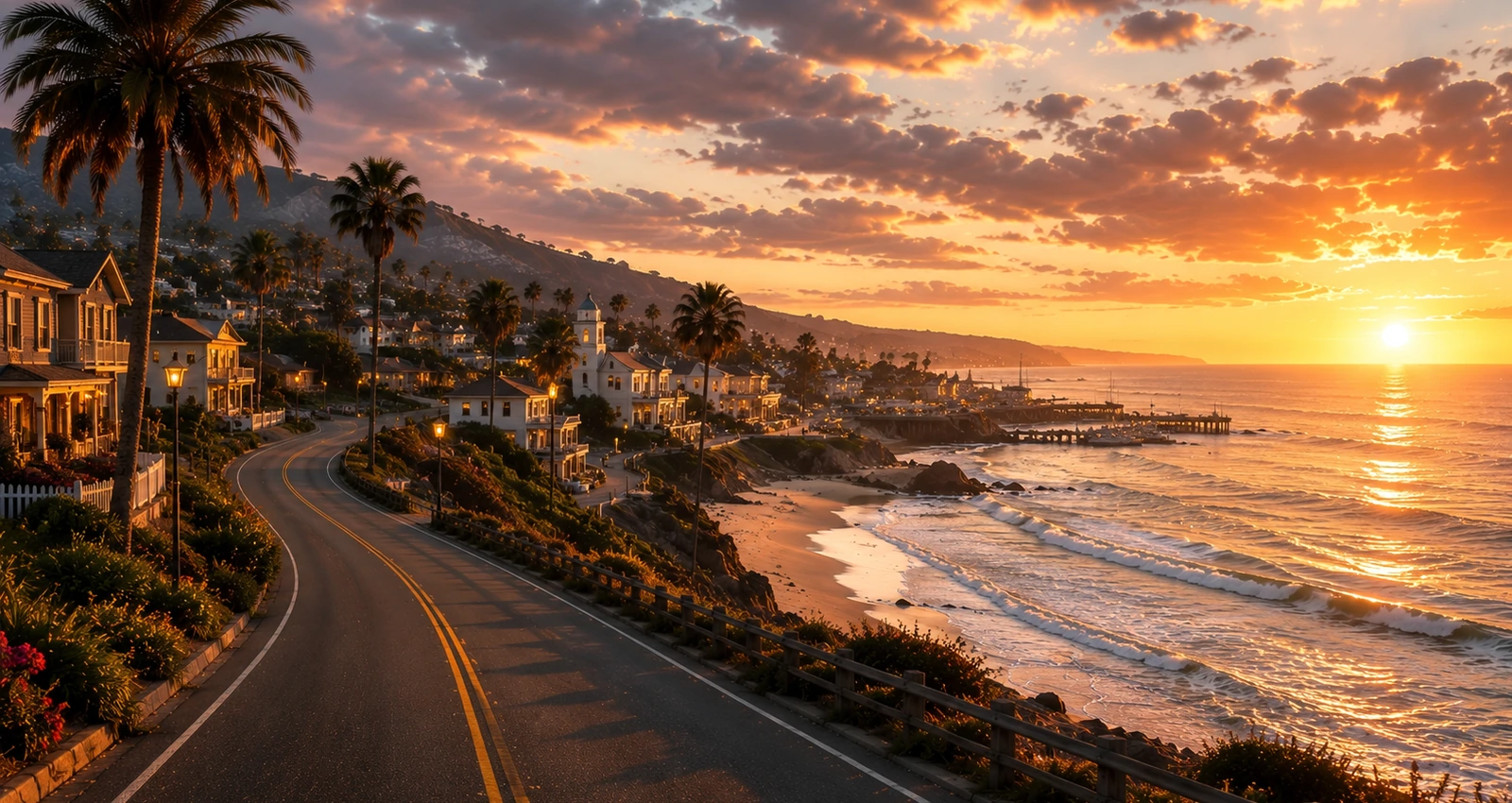 A peaceful WayVector Shores coastal town at sunset